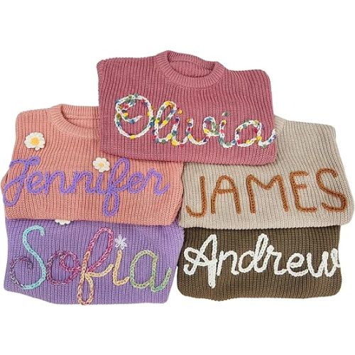 Personalized Baby Sweater - Custom Name Hand Embroidered - Baby Boy/Girl - Multicolor - Crew Neck - Sweater Pullover - Long Sleeve - 0-24 Months