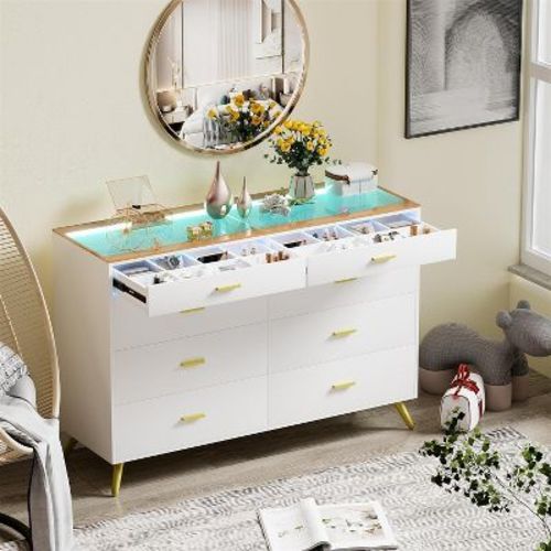 PAKASEPT White Dresser with LED Lights, 8 Drawer Dressers with Tempered Glass Top