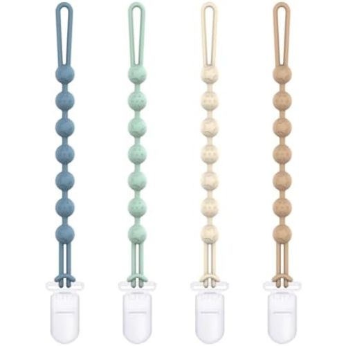 Cuddle Campus Silicone Pacifier Clip Holder with One Piece Design,Soft Flexible Binky Clips with Texture for Baby Boy and Girl Pack of 4 (6m+Plastic Clip)
