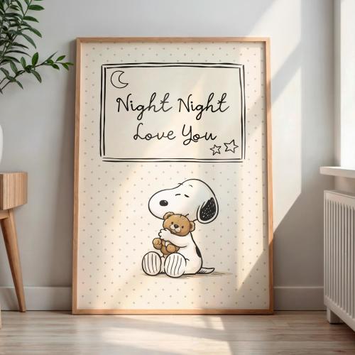 Night Night Love You Wall Art, Cute Snoopy Nursery Print, Bedtime Quote Poster, Baby Room Decor, Soft Kids Room Art