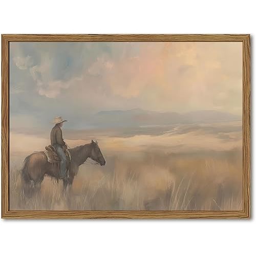 Vintage Western Cowboy Wall Art Cowboy on Horse Wall Decor Paintings, Southwestern Landscape Poster Canvas Prints for Bedroom Farmhouse Living Room 12x16 inch Wood Framed
