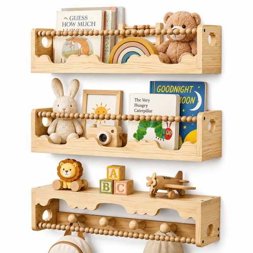 iFaveorr Nursery Floating Shelves for Wall Set of 3, Natural Wood Kids Bookshelf with Hooks and Hanging Rod, 16 in