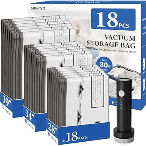 NESCCI Travel Vacuum Bags for Clothing with Rechargeable Wireless Air Pump,18 Pack Compression Seal Packing Bags for Luggage Suitcase,Carry-on Size Space Saver Vacuum Storage Bags