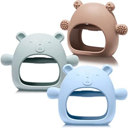 Chumia 3 Pack Baby Teether Teething Toys for Babies 0-6 Months Baby Teething Toy Silicone Anti Dropping Infant Hand Teether Pacifiers Wrist Hand Chew Toys for Sucking Needs (Blue, Caramel, Green)
