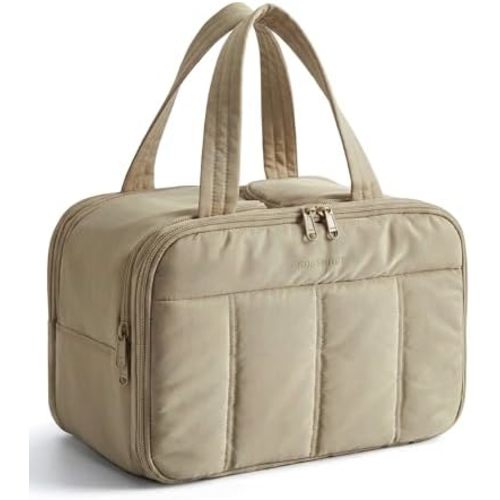 BAGSMART Travel Toiletry Bag, Puffy Large Toiletry Bag for Women, Lightweight Cosmetic Makeup Bag Organizer with Handle for Traveling, Accessories, Essentials, Toiletries (Grayish Brown)