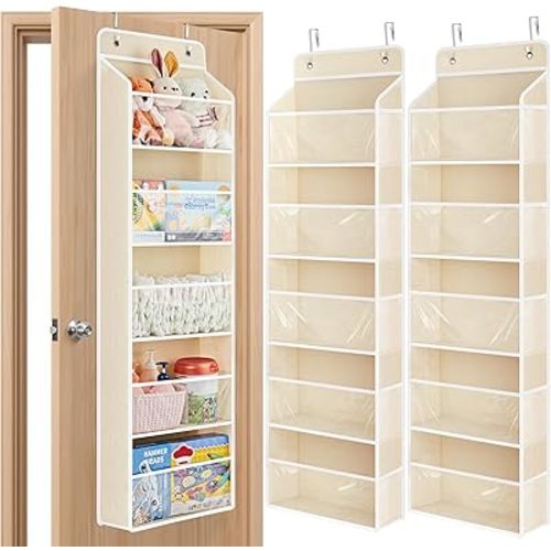 JARLINK 2 Pack Toy Stuffed Animal Storage, Over The Door Organizer W/Clear View Windows, 44lb Load, Baby Toy Storage Organizer for Nursery, Kid Bedroom, Newborn Baby Essentials (Beige)