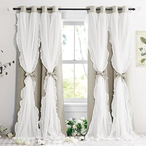 PONY DANCE Girls Curtains for Bedroom Decorative Drapes for Kids Double Layer Curtain Ruffle Sheer Overlay Room Darkening Pretty Chic Princess, 52x84 inch, Cream, 2 PCs