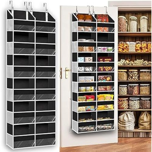 Over The Door Organizer 6 Tiers, Extra Large Behind Door Storage of 12 Compartments, 80 lbs Weight Capacity Hanging Storage Organizer with Clear Window Kids Toys, Shoes, Diapers, Room Storage,Black