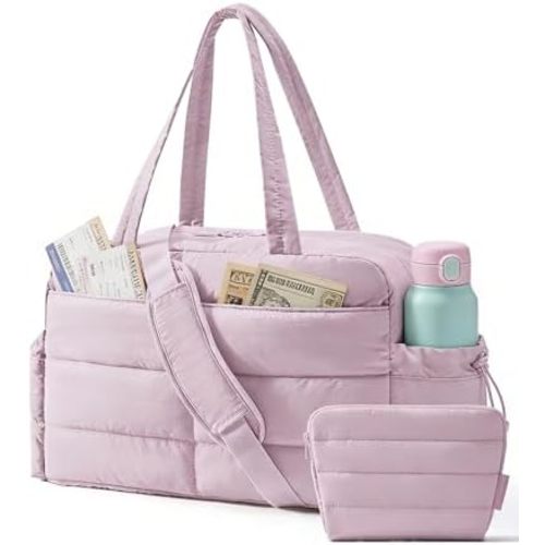 BAGSMART Gym Bag for Women, Lightweight Puffer Duffle Bag 2-PC Travel Bag, 31L Weekender Overnight Bag Quilted Carry On Tote Bag, Diaper Hospital Dance bag for Travel, Gym, Water Resistant