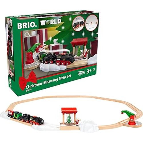 BRIO World - Christmas Steaming Train - Battery-Operated Train - 27-Pc Motorized Steam Engine for Wooden Track with Lights and Kid-Friendly Steam - Interactive Play with Forward/Reverse - for Kids 3+