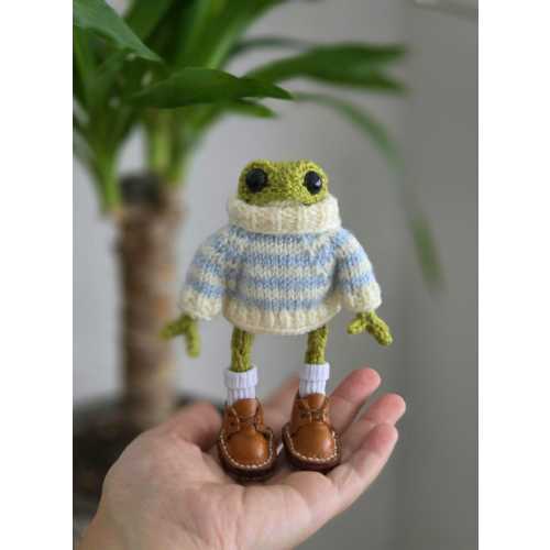 Handmade knitted Frog Toy, Amigurumi Plush Animal, Blue Sweater