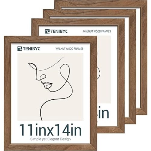 11x14 Picture Frame Walnut - 4 Pack, Brown Wood Grain Photo Frame, HD Tempered Glass, Display 11x14 or 14x11 Photos, Wall Hanging