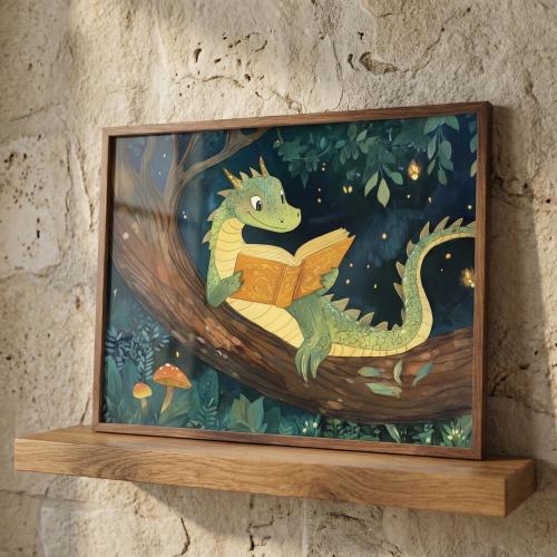 Dragon Nursery Art, Reading Book Print, Whimsical Nursery Decor, Enchanted Forest Illustration, Fairytale Storybook Poster