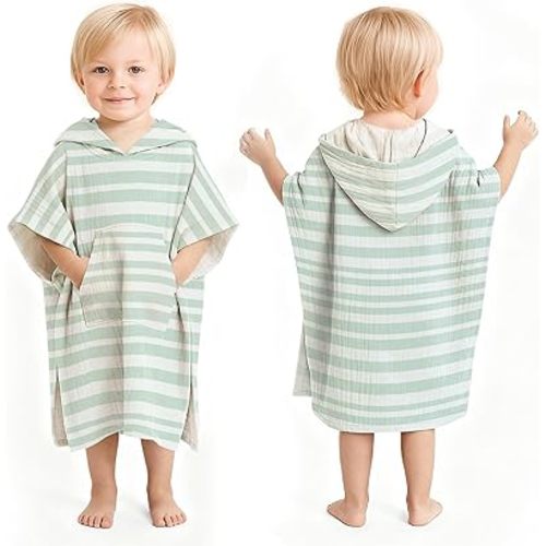 Konssy Muslin Hooded Bath Towels for Kids, 100% Cotton, Soft Quick-Dry Bath/Beach/Pool Towel Poncho with Front Pocket for Toddlers, Lightweight & Absorbent (1-3 Years)