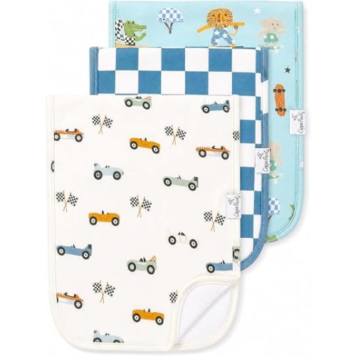 Copper Pearl Premium Baby Burp Cloths - 3-Pack Large Cotton Burp Cloths, Extra Soft Spit Up Rags with 3 Absorbent Layers, Perfect for Baby Boy and Baby Girl Gifts (21" x 10" Size, Speedster Set)