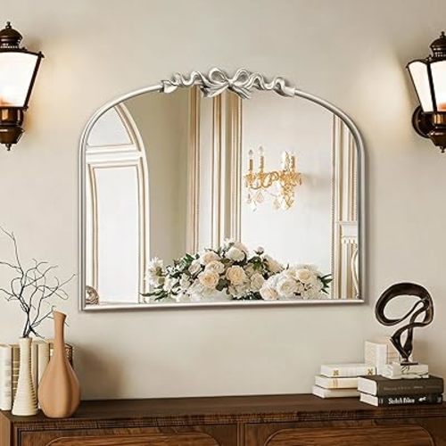 Besdomus Vintage Arched Large Mirror: 36"x29" Champagne Silver Bow Antique Wall Mounted Mirror - Baroque Traditional Ornate for Fireplace/Bathroom/Living Room - Home Decor for Fashion-Conscious