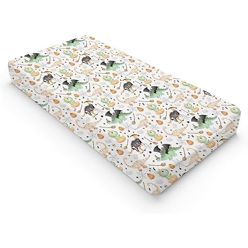 Cute Halloween Dinosaurs Baby Changing Pad Covers Spooky Skull Pumpkin Witch Diaper Change Table Sheets Girl Boy Halloween Party Decor Soft Breathable Stretchy Fitted Changing Table Mat 32''x16''