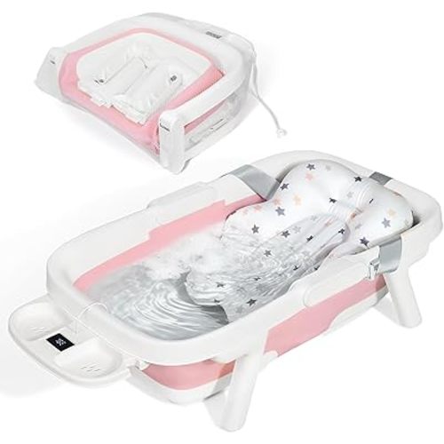 Orzbow Collapsible Baby Bathtub, Large Baby Bath Tub for Newborn with Soft Cushion & Thermometer, Travel Portable Baby Tubs for Infants to Toddler 0-36 Months, 71x43 cm, Pink