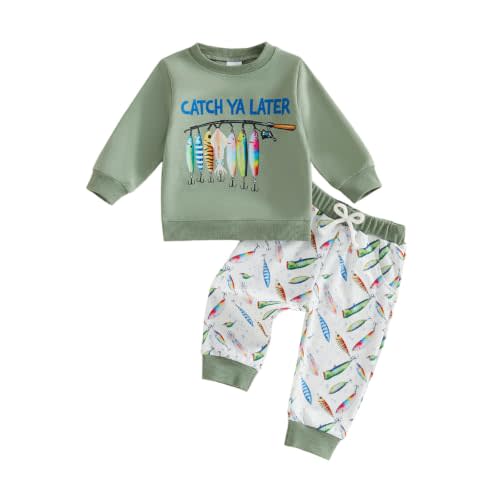 Kupretty Toddler Baby Boy Clothes Fishing Outfit Sweatshirt Pants Set | 6 12 18 24 Month 2T 3T 4T Clothes Fall Winter Long Sleeve Fish Pullovers Fishing Joggers
