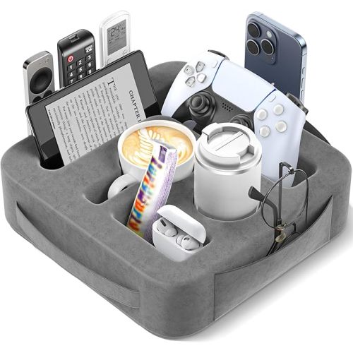 Couch Cup Holder Pillow, Sofa and Bed Caddy for iPad, Kindle, Switch, Game Controller, Remotes, Phones, Small-Sized Cup and Drink Holder for Couch, Bed, Desk, Car, Bathroom Cup Holder, Deep Gray