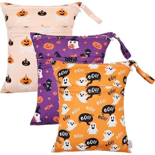ALVA 3 Pack Wet Dry Bags for Cloth Diapers, Swimsuits & Gym Clothes, Waterproof Reusable Baby Diaper Bag with 2-Zippered Compartments, Hanging Strap, Machine Washable, Medium for Dayca