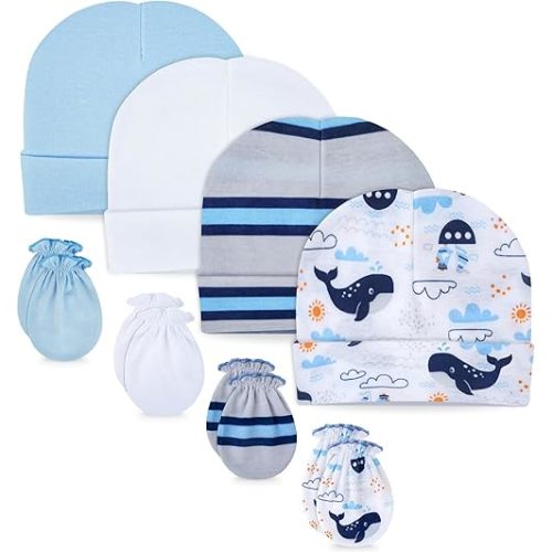 RATIVE No Scratch Mittens and Caps 100% Cotton for Newborn Baby 0-6 Months Boys Girls
