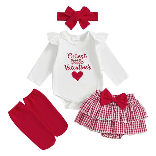 BOBOGOJP Baby Girl Christmas Outfits Cute Letter Romper Ruffle Plaid Skirt Dress Christmas Outfit Clothes Set Red for Size 0-3 Months