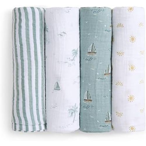 aden + anais Boutique 100% Organic Cotton Muslin Swaddle, Breathable Baby Blanket, Ideal for Boys, Girls, Newborns, Babies & Infants, Receiving Blanket, Soft and Lightweight Wrap, 4 Pack, Sailing Seas