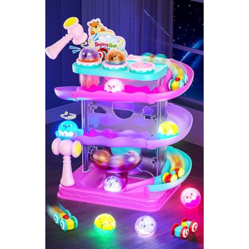 2-in-1 Ball Drop & Car Ramp Race Track Montessori Toy for Toddlers Ages 1-5 | Hammer Rolling Ball, Launch and Race Car-Cause and Effect Sensory STEM Learning Toys for 1-5 Year Old Boys & Girls