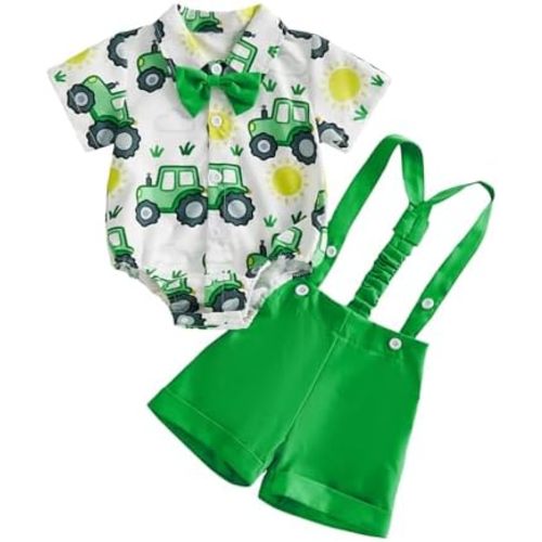 Infant Baby Boy Outfits Dress Clothes Bowtie Tractor Romper Shirts Suspender Shorts Overalls Set Summer Suit