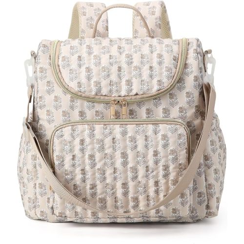 Quilted Diaper Bag Backpack Large Floral Puffy Backpack Multi-compartment Baby Storage Backpack for Travel Hospital