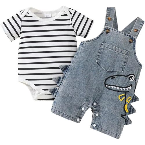 Baby Boy Clothes Summer Outfits Infant Short Sleeve Striped Romper Cute Dinosaur Jeans Suspender Overalls 0-18 Months