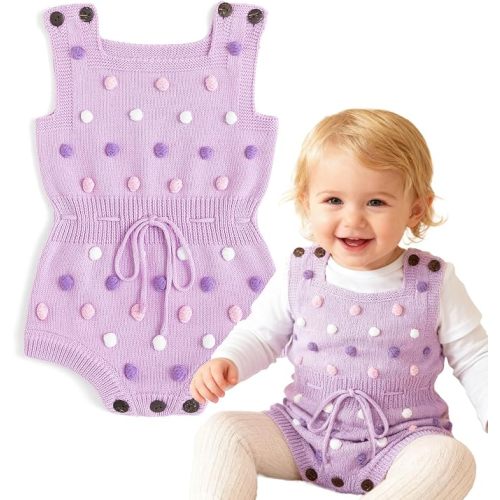 Simplee kids Baby Girl Knit Romper Fall Sleeveless Pompoms Rompers Newborn Little Girl Overall Jumpsuit Outfits