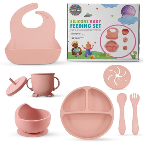 SiliFun 8-Piece Silicone Baby Feeding Set – Complete Infant Mealtime Kit with Suction Bowl, Divided Plate, Bib, Spoon, Fork & Cup – BPA-Free, Dishwasher Safe – Gift-Ready in Premium Branded Packaging