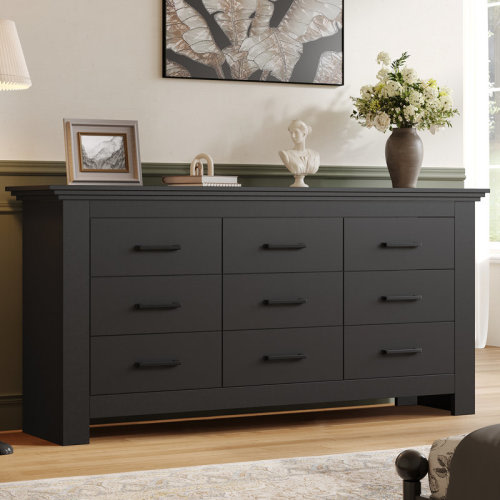 Wrought Studio™ 9 Drawer Dresser For Bedroom, Wood Chest Of Drawers With Metal Handles And Smooth Slides, 59" W Triple Wide Dressers, Large Storage Cabinet Drawer Organizer For Closet, Hallway, Entryway, Black | Wayfair
