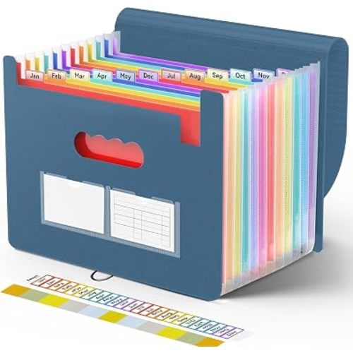 Sooez Accordion File Organizer, 13 Pockets Expanding File Folders, Portable Monthly Paper Bill Tax Receipt Organizer, Letter A4 Size Document Holder with Blank Labels