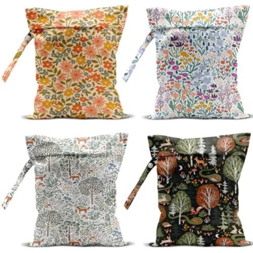 4 Pack Cute Wet Bag Waterproof Washable Reusable Wet Dry Bag for Swimsuit Dirty Clothes Diaper Travel Beach Pool Gym Birthday Bachelorette Party Toiletries Beach Essentials,Forest Fox Flower