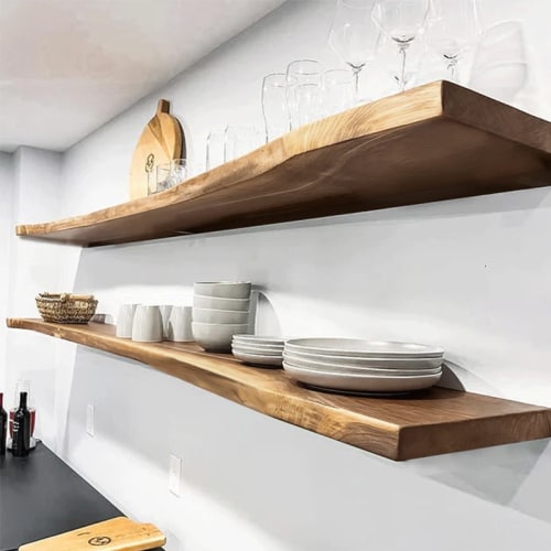Live Edge Solid Wood Floating Shelf with Hidden Metal Brackets, Wooden Shelf Kitchen Shelf