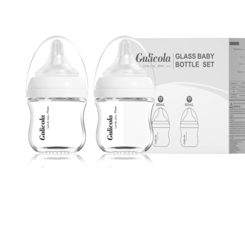 Natural Glass Baby Bottle for Breastfeeding Babies, Newborn Anti-Colic Bottle Set with Slow Flow Nipple, 0-3 Months, 5 oz, 2 Pack - White