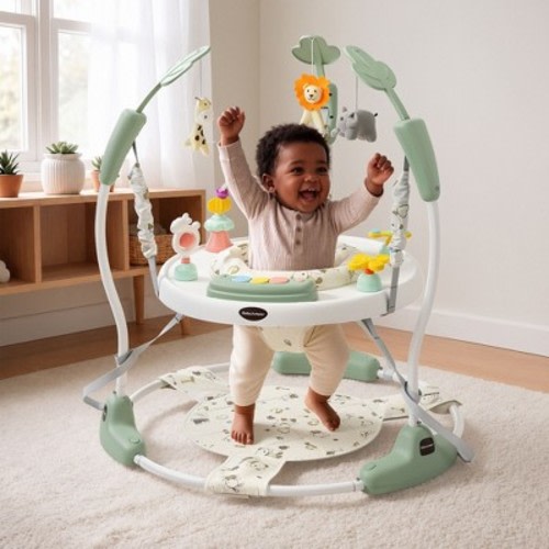 Kinder King Baby Activity Center Jumper, 360° Rotating Seat, 3-Level Adjustable Height, Interactive Toys, Removable Foot Mat, Green