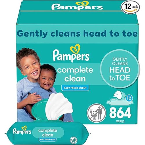 Pampers Baby Wipes, Complete Clean Baby Fresh Scented Wipe, Gently Cleans Head to Toe, 864 Total (12 Flip-Top Packs)