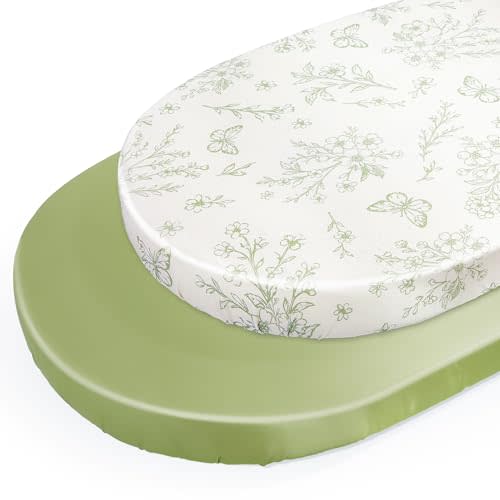 Unicorn Castle Satin Bassinet Sheets Baby 2 Pack Soft for Baby Hair Skin Fitted Bedside Bassinet Sheets for Newborn for Oval Rectangle Hourglass Bassinet Mattress,Beige Floral- Dark Green