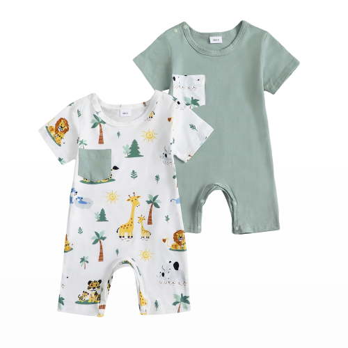 Actgleam Baby Boys Short Sleeve Romper Summer Infant Onesie Unisex Newborn Baby Clothes,Light Blue Zoo,0-3 Months