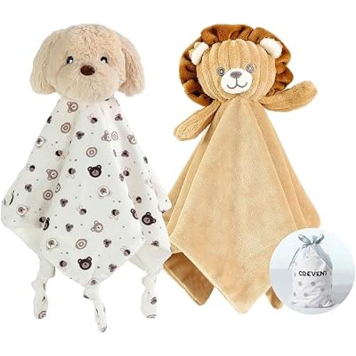 CREVENT Cozy Plush Baby Security Blanket, Loveys for Baby Girls and Boys, Birthday (Dog + Lion)