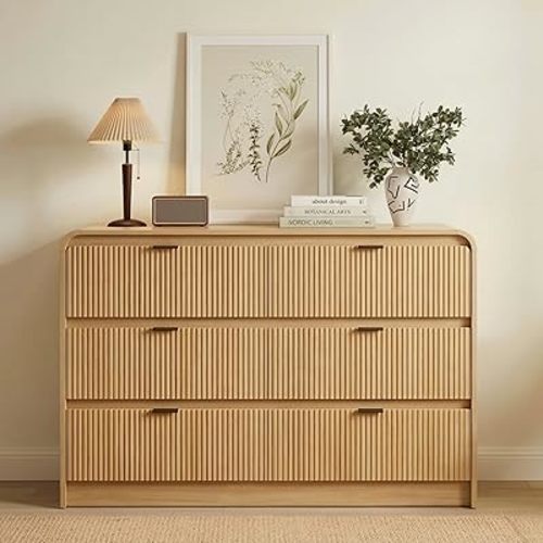 FURSUN Fluted 6 Drawers Dresser for Bedroom, 54" Wide Wooden Dresser with Metal Handle, Curved Profile Design, Modern Storage Organizer for Bedroom, Living Room, Hallway, Natural Oak