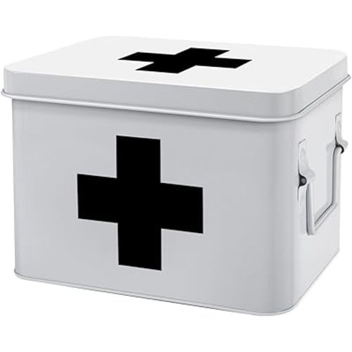 Flexzion First Aid Medicine Box Supplies Kit Organizer - Empty 8" White Metal Tin Medic Storage Bin Hard Case with Removable Tray Gold Cross, Vintage Antique Boxes for Home Family Emergency Tool Set
