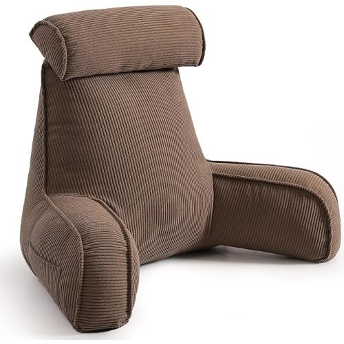 Reading Pillow for Sitting Up in Bed with Arms, Corduroy Back Support Cushion with Side Pockets & Washable Cover, Bed Rest Pillow for Sofa Reading, Relaxing & Watching TV, Chocolate