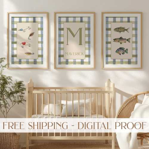 Fishing Nursery Print Personalized Baby Name Art Set of 3 Hunting Nursery Decor Custom Monogram Print Boy Fishing Decor Boy Nursery Wall Art