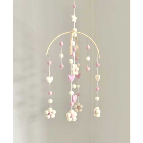 Pale Pink Daisy & Heart Baby Mobile: Merino Wool Nursery Decor