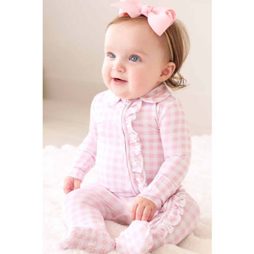 Peter Pan Collar Ruffle Zipper Footie | Rosy Gingham